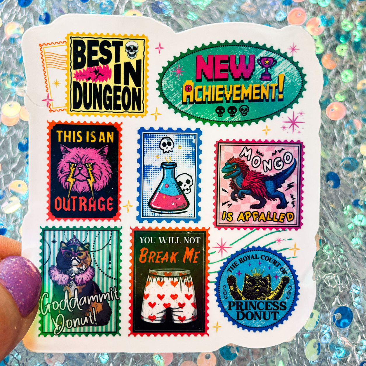 Dungeon Crawler Carl Stamp Collage Rainbow Reflective Sticker
