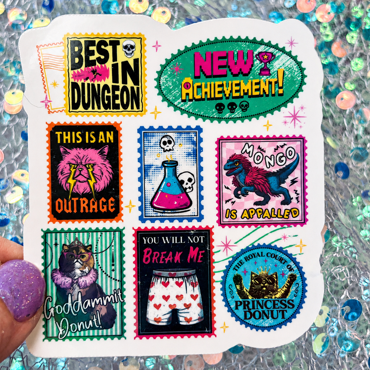 Dungeon Crawler Carl Stamp Collage Rainbow Reflective Sticker