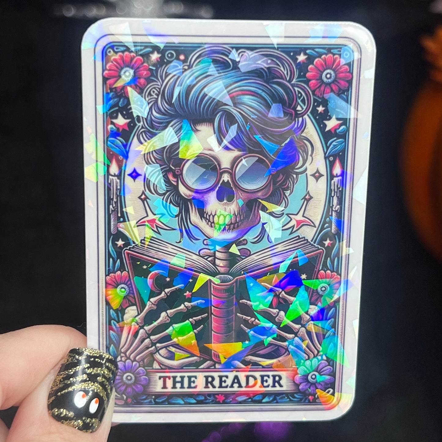 The Reader Tarot Card Sticker Holographic Book Lover Sparkly Decal, Spicy Dark Romance, kindle waterbottle laptop