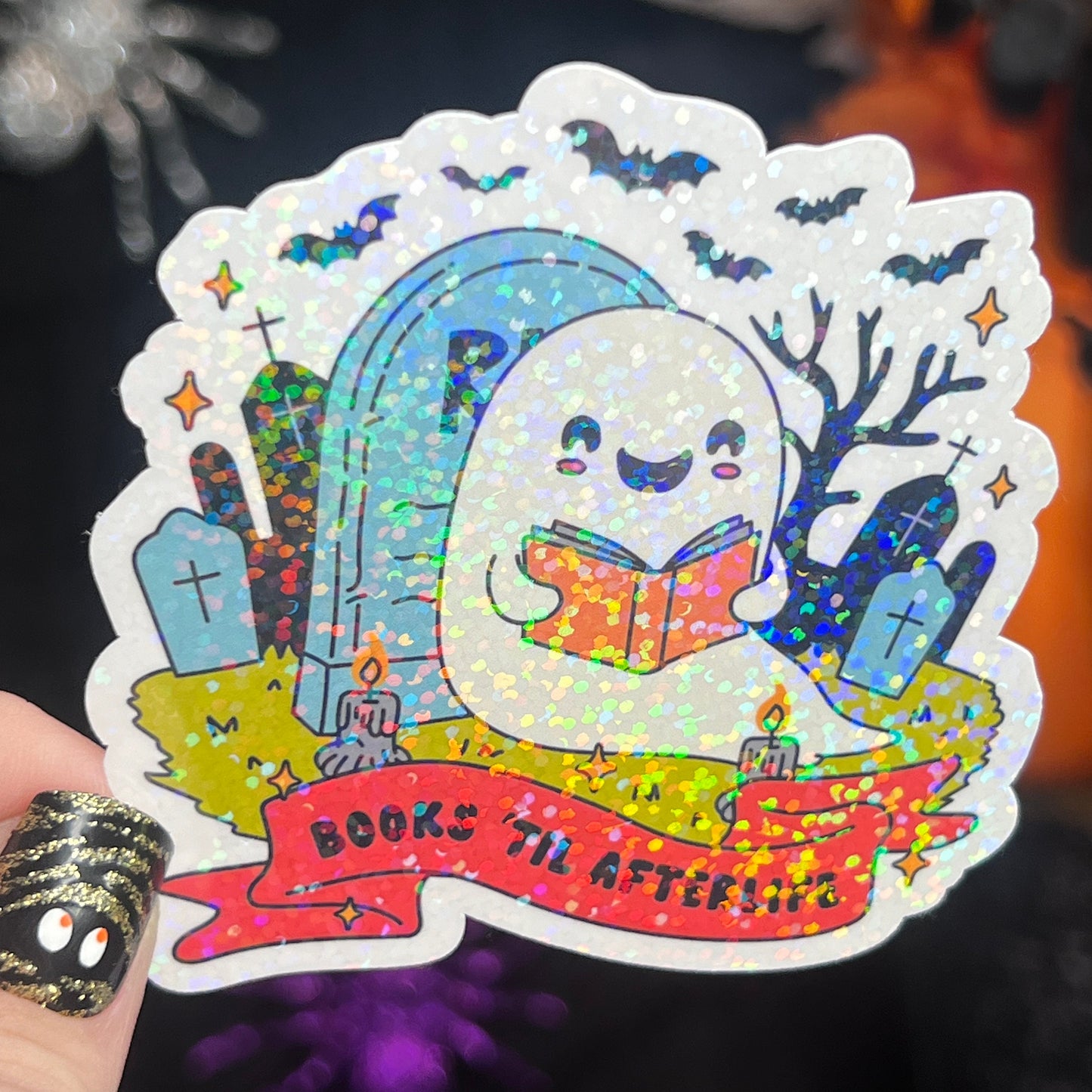 Books Til Afterlife Ghost Halloween Holographic Sticker Halloween Kindle Decal Spooky Fall Reader Gift Bookish Decal