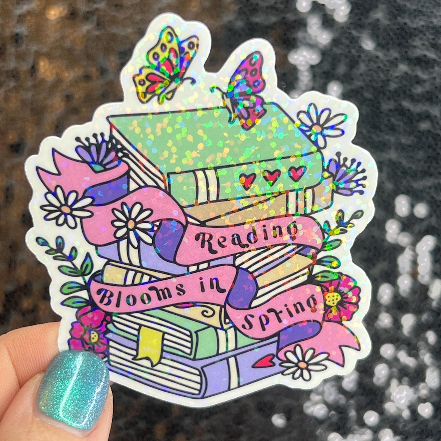 Reading Blooms in Spring floral sparkly  holographic sticker Decal for Readers bookish sticker gift for readers kindle laptop decal