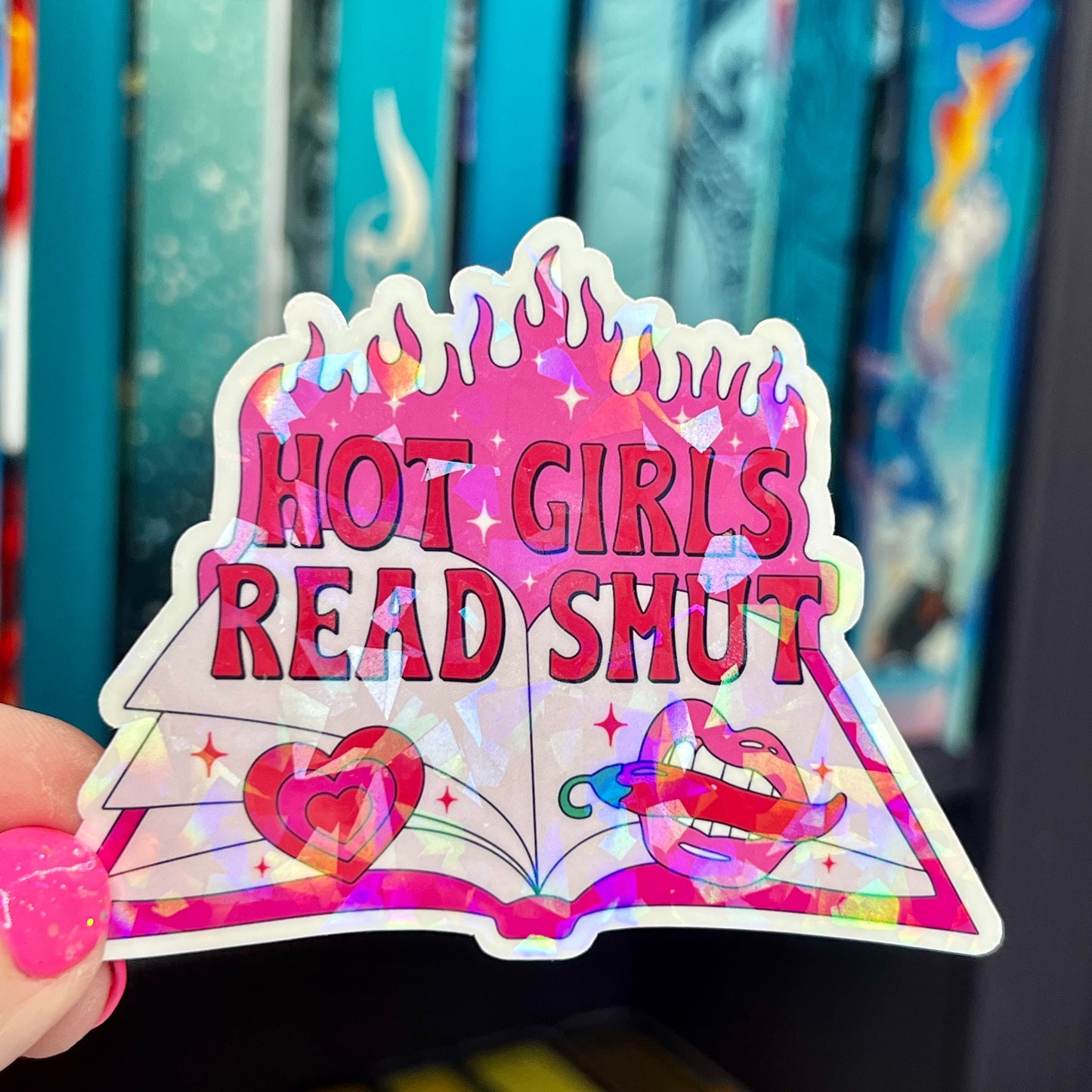 Hot Girls Read Smut Hot Pink Sticker Holographic Book Lover Sparkly Decal, Spicy Dark Romance Bookish, kindle waterbottle