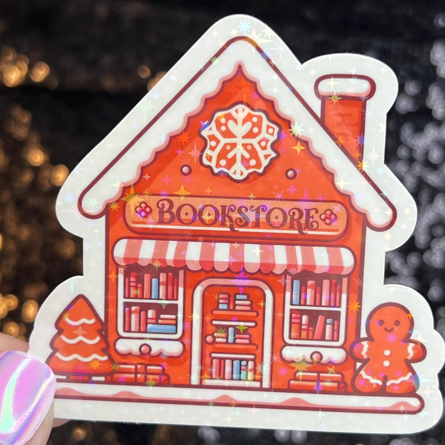 Gingerbread Bookshop Christmas Holographic Sticker Xmas Bookish Kindle Reader Decal Book Lover Christmas Gift Stocking Stuffer