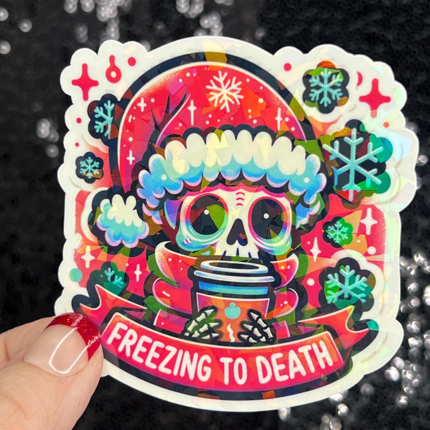 Freezing to Death Halloween Christmas  Sticker – Funny Holographic Holiday Sticker, 3-Inch Party Decal | Xmas Gift & Stocking Stuffer
