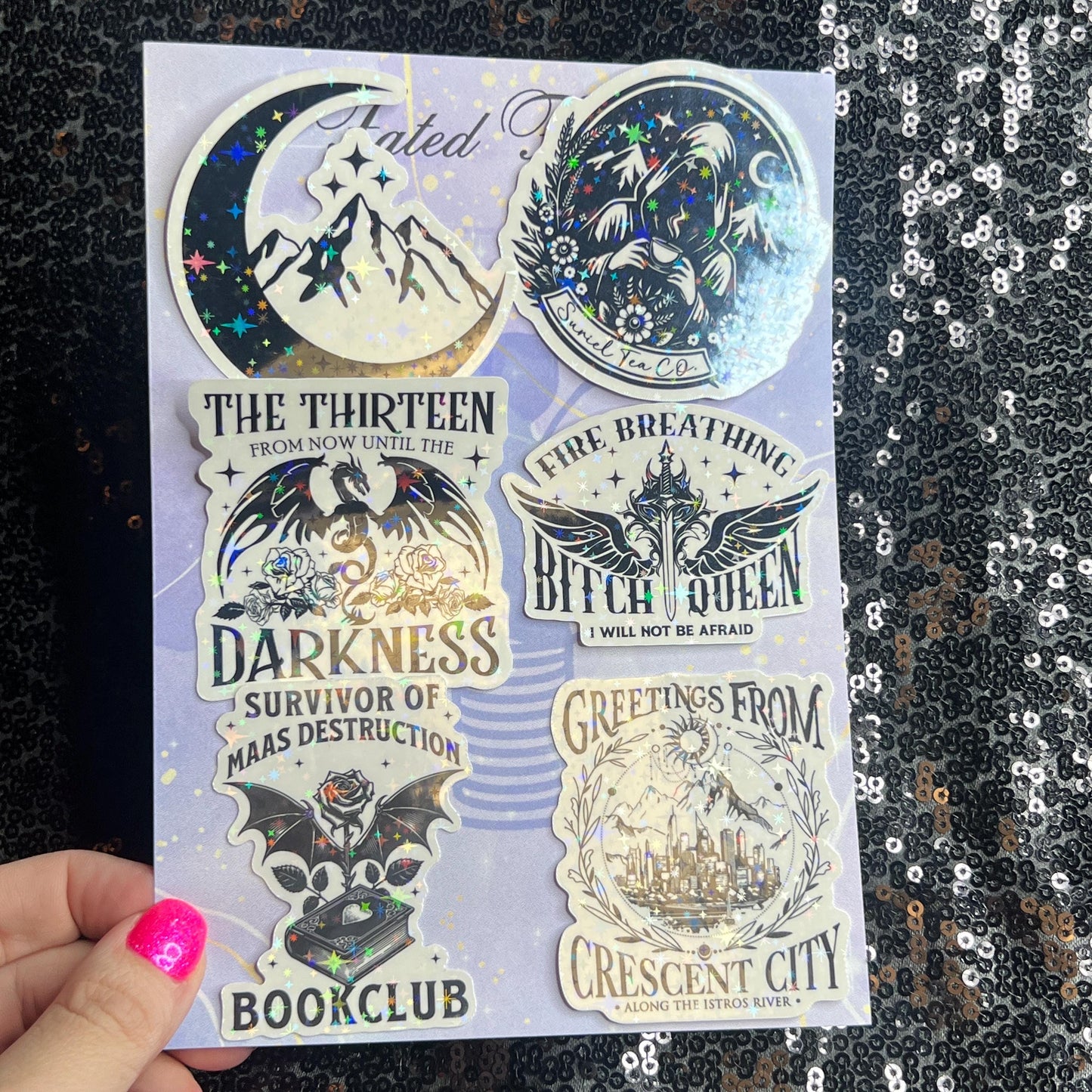 SJM Universe Black & white aesthetic mini Holographic Stickers, Booktok stickers kindle, acotar, throne of glass crescent city decals