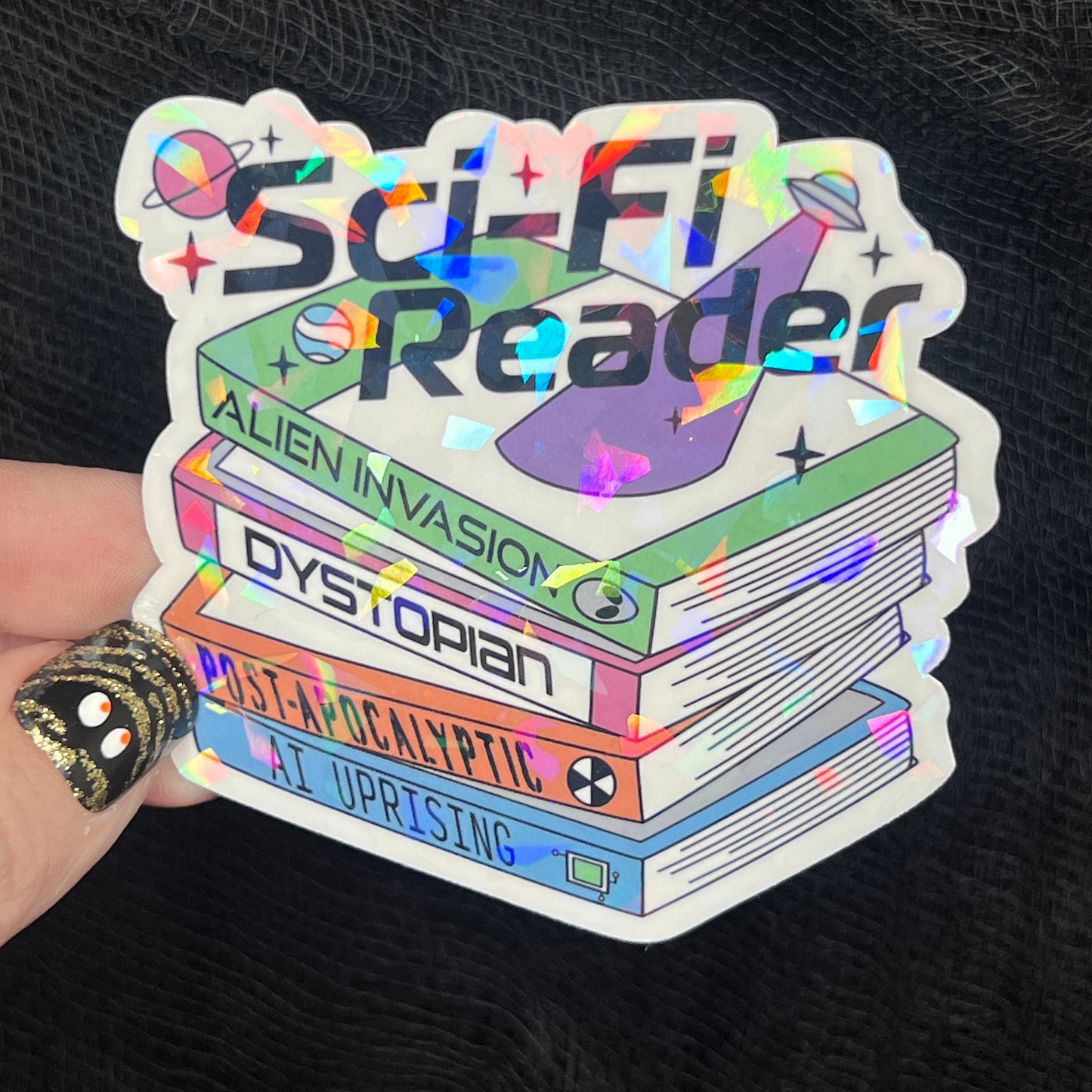 SciFi Book Club Holographic Sticker Science Fiction Decal Spicy Dystopian Alien Bookish kindle waterbottle laptop Reader Bookish Gift