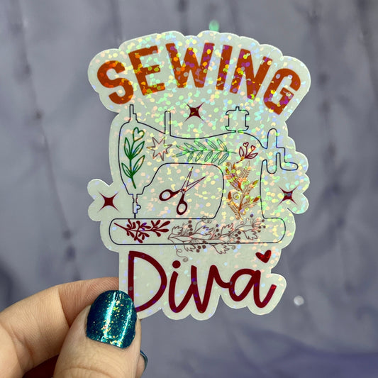 Sewing Diva Sparkly Holographic Quilting Sticker sewing Waterbottle sticker Craft Sticker Fabric Decal Sewing Machine Sticker