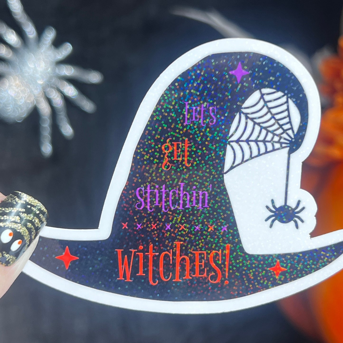 Let's Get Stitchin Witches holographic sticker thimble quilting sticker quilter Halloween decal sewing machine sticker cross stitch sticker