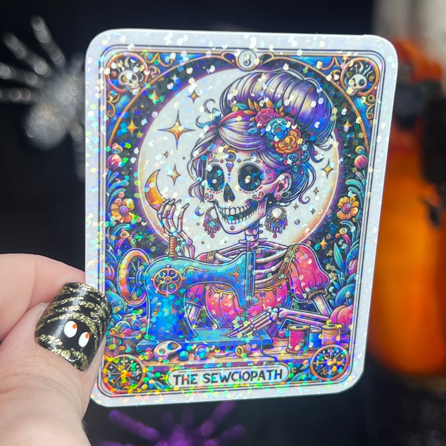The Sewciopath skeleton holographic sticker thimble quilting sticker quilter Halloween decal sewing machine sticker cross stitch sticker