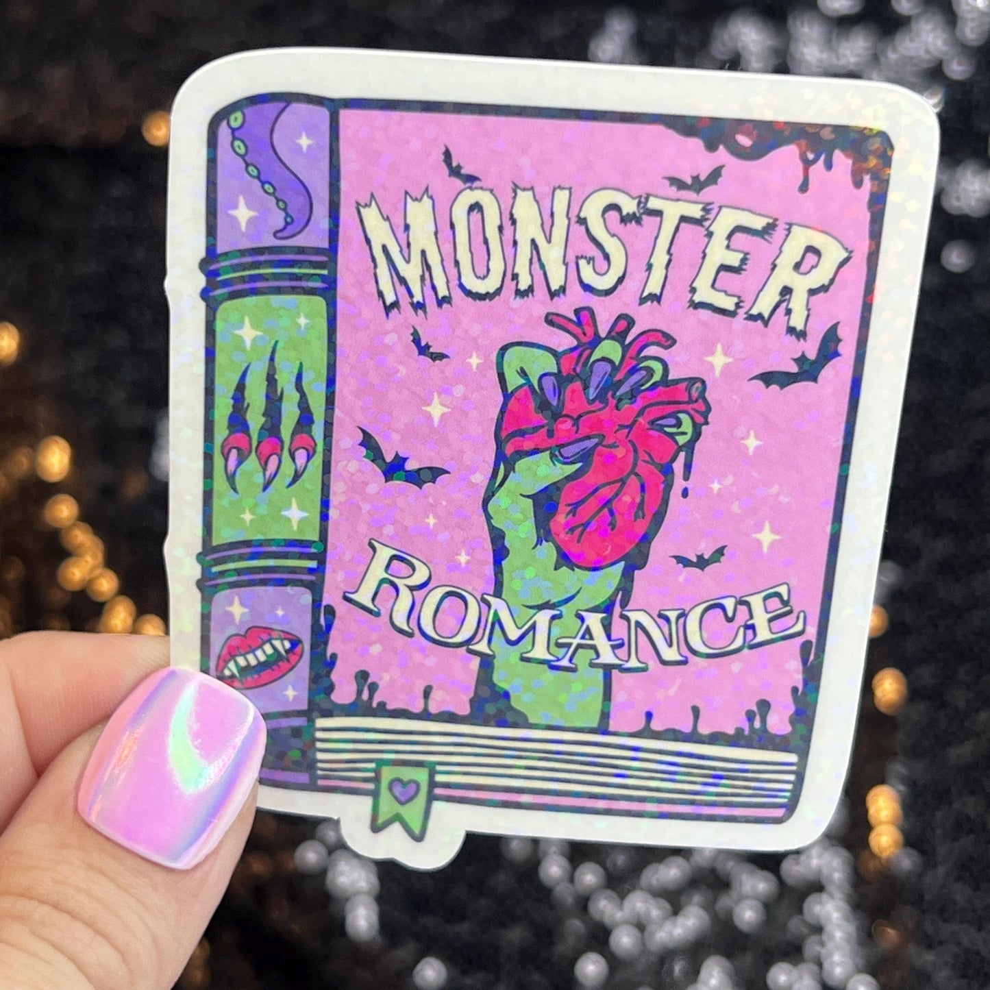 Monster Romance Sparkly Sticker Holographic Book Book Lover, Spicy Dark Romance, Booktok, kindle waterbottle laptop Romance Decal