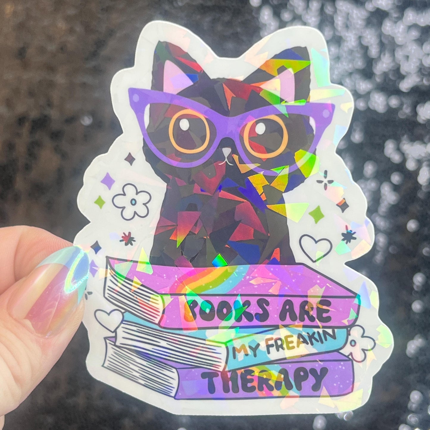 Books are My Therapy Holographic Sticker Book Lover Sparkly Decal, Spicy Bookclub, kindle waterbottle laptop Reader Librarian Gift