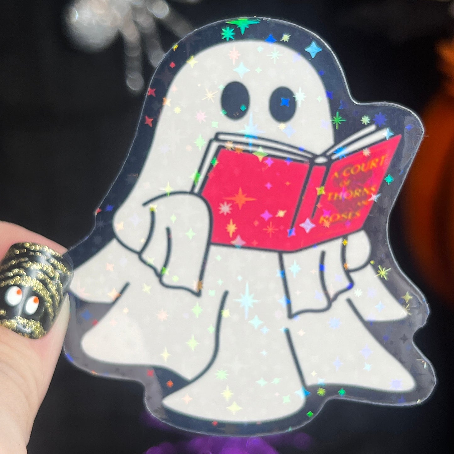 Halloween ACOTAR Ghost Reading Holographic Sticker Sparkly Sticker ACOTAR Decal Kindle Sticker Spicybook Sticker SJM Stickers