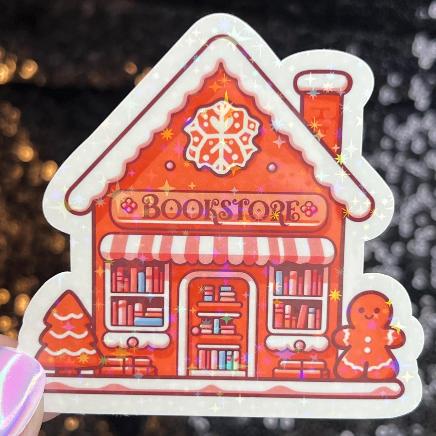Gingerbread Bookshop Christmas Holographic Sticker Xmas Bookish Kindle Reader Decal Book Lover Christmas Gift Stocking Stuffer