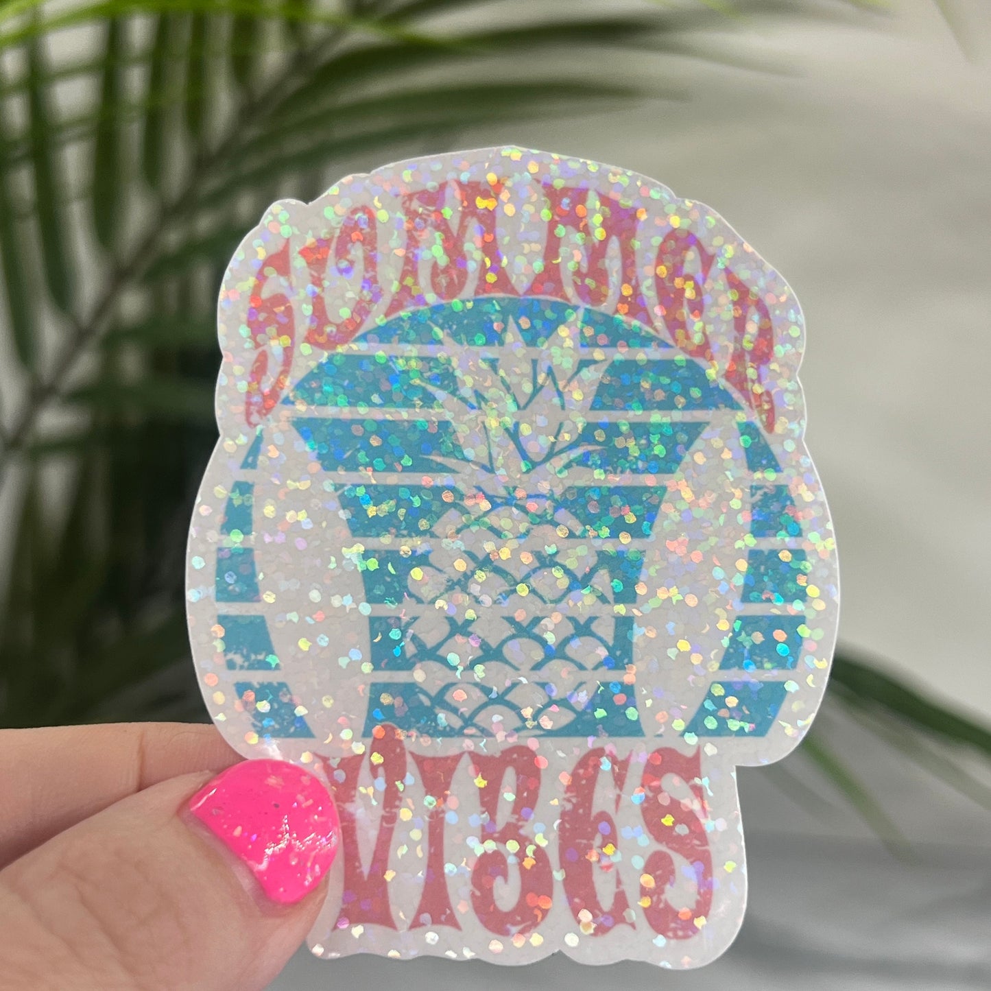 Summer Vibes Blue Pink Surfing Retro Holographic Sparkly Sticker Beach Life Decal Boating Sticker Summer Vacation Ocean Life Sticker