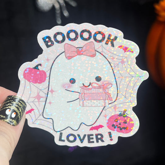 Pink Booook Lover Ghost Halloween Holographic Sticker Halloween Kindle Decal Spooky Fall Reader Gift Bookish Decal