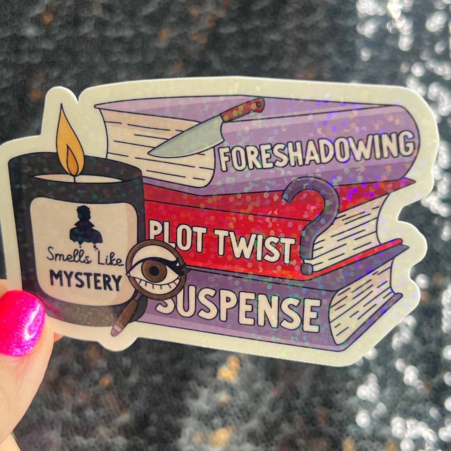 Smells Like a Mystery Holographic Sticker Decal, Cozy Mystery Reads Bookish kindle waterbottle laptop Reader Bookish Present Gift