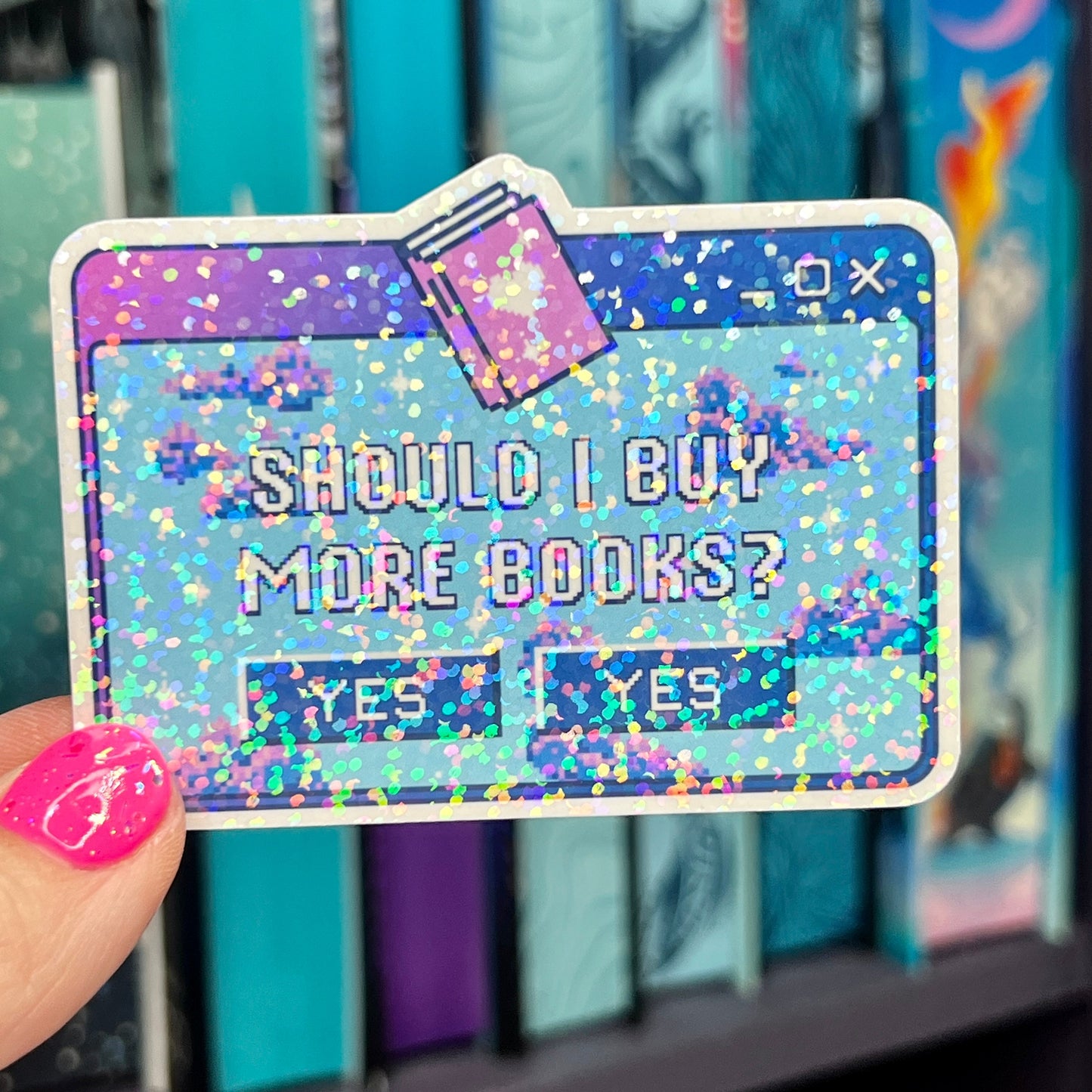 Should I Buy More Books Retro Sticker Holographic Book Lover Sparkly Decal, Spicy Dark Romance, kindle waterbottle laptop