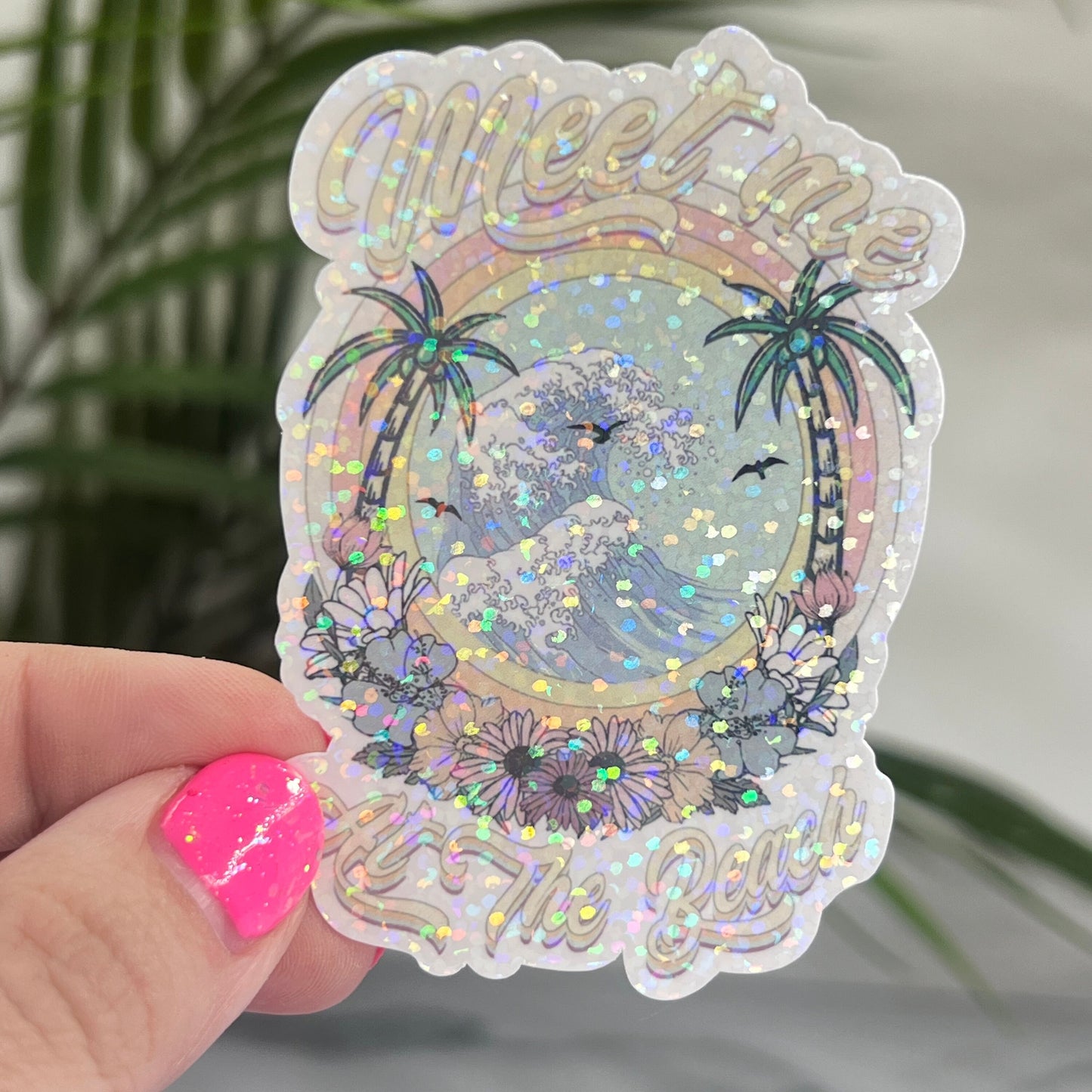 Meet Me At The Beach Holographic Sparkly Sticker Beach Life Decal Boating Sticker Summer Vacation Ocean Life Sticker