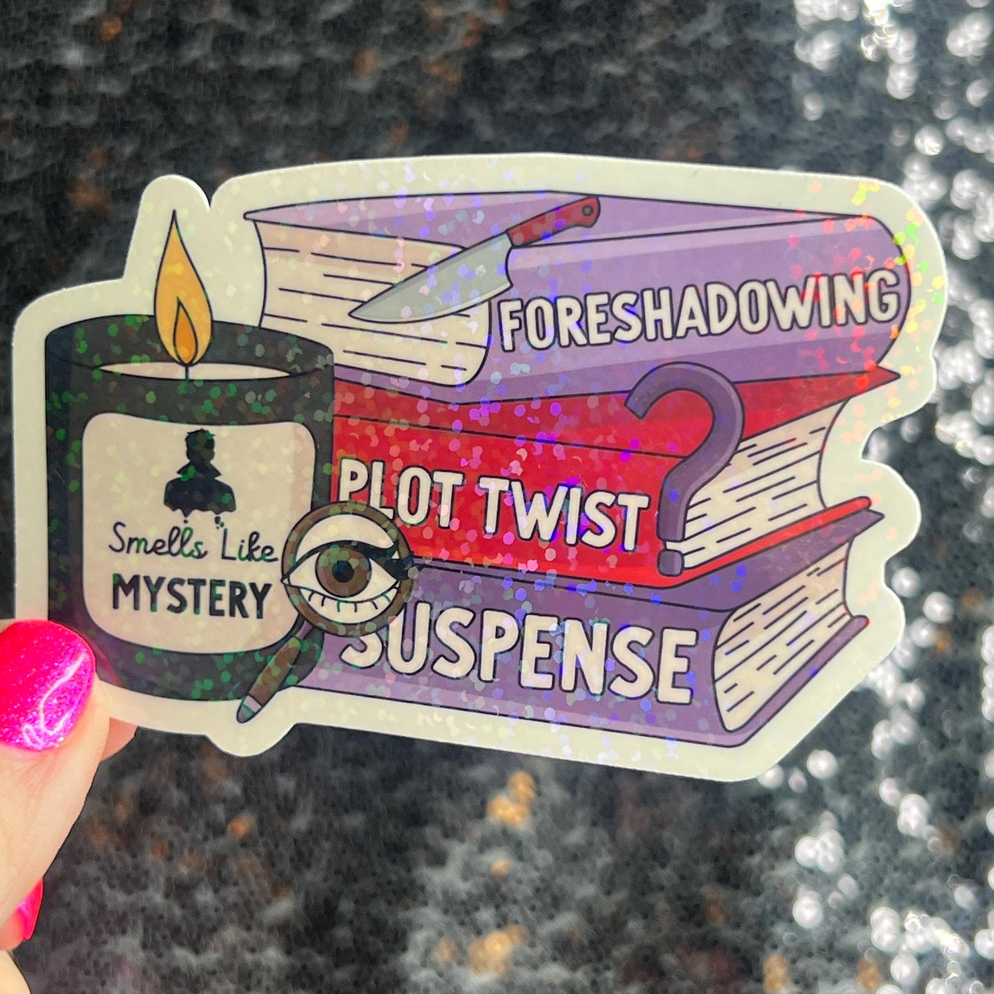 Smells Like a Mystery Holographic Sticker Decal, Cozy Mystery Reads Bookish kindle waterbottle laptop Reader Bookish Present Gift