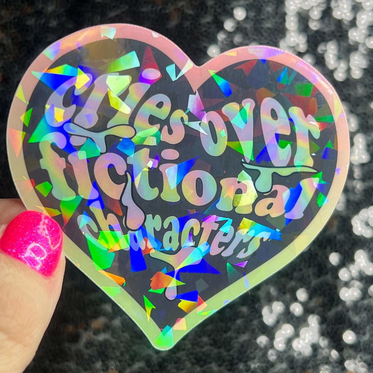 Cries Over Fictional Characters Holographic Sticker Book Lover Sparkly Decal, Spicy Dark Romance, kindle waterbottle laptop Reader Gift