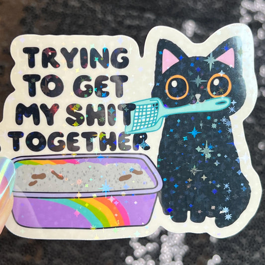 Trying to Get my Shit Together Sparkly Holographic Sticker Black Cat Mental Health Spread Good Vibes Decal ADHD Neurodivergent Sticker