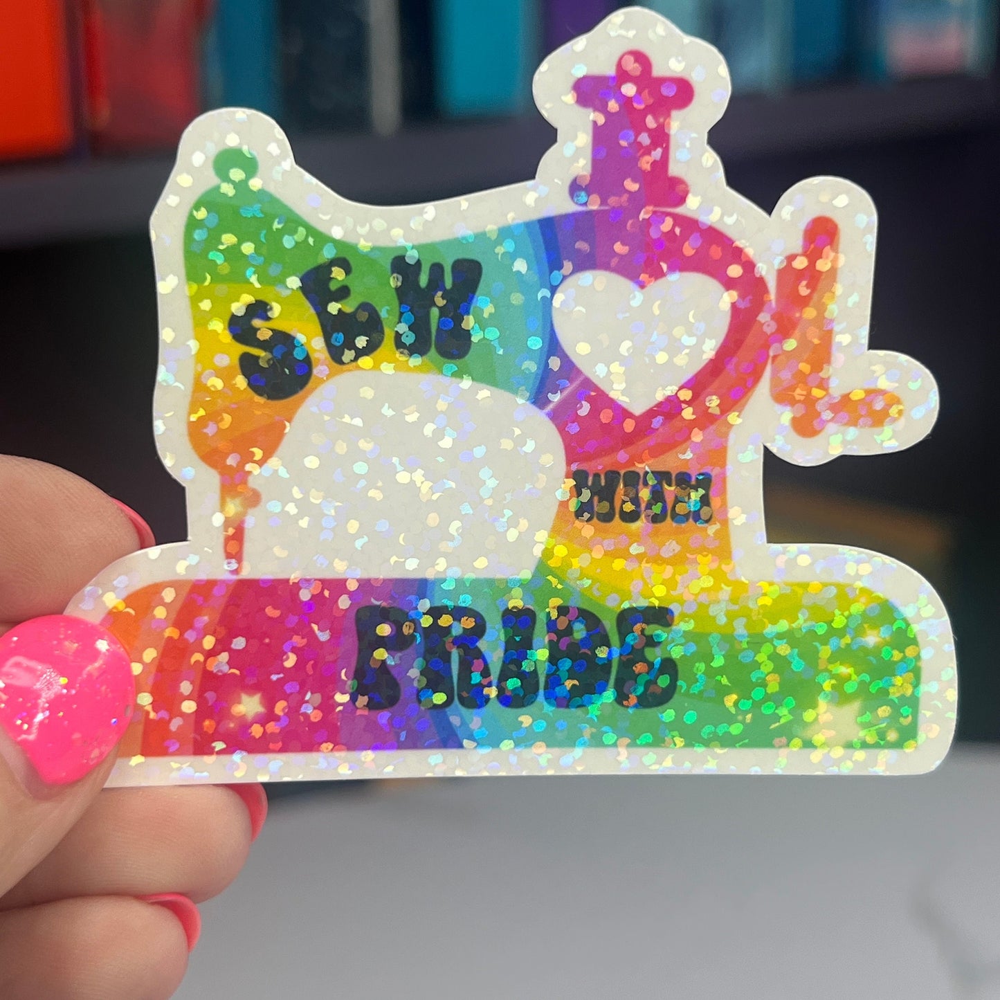 Sew with Pride Rainbow Holographic Sparkly Sticker Decal Quilting Pride Month LGBTQ+ Pride Sticker Sewing Glitter Sticker Machine Decal