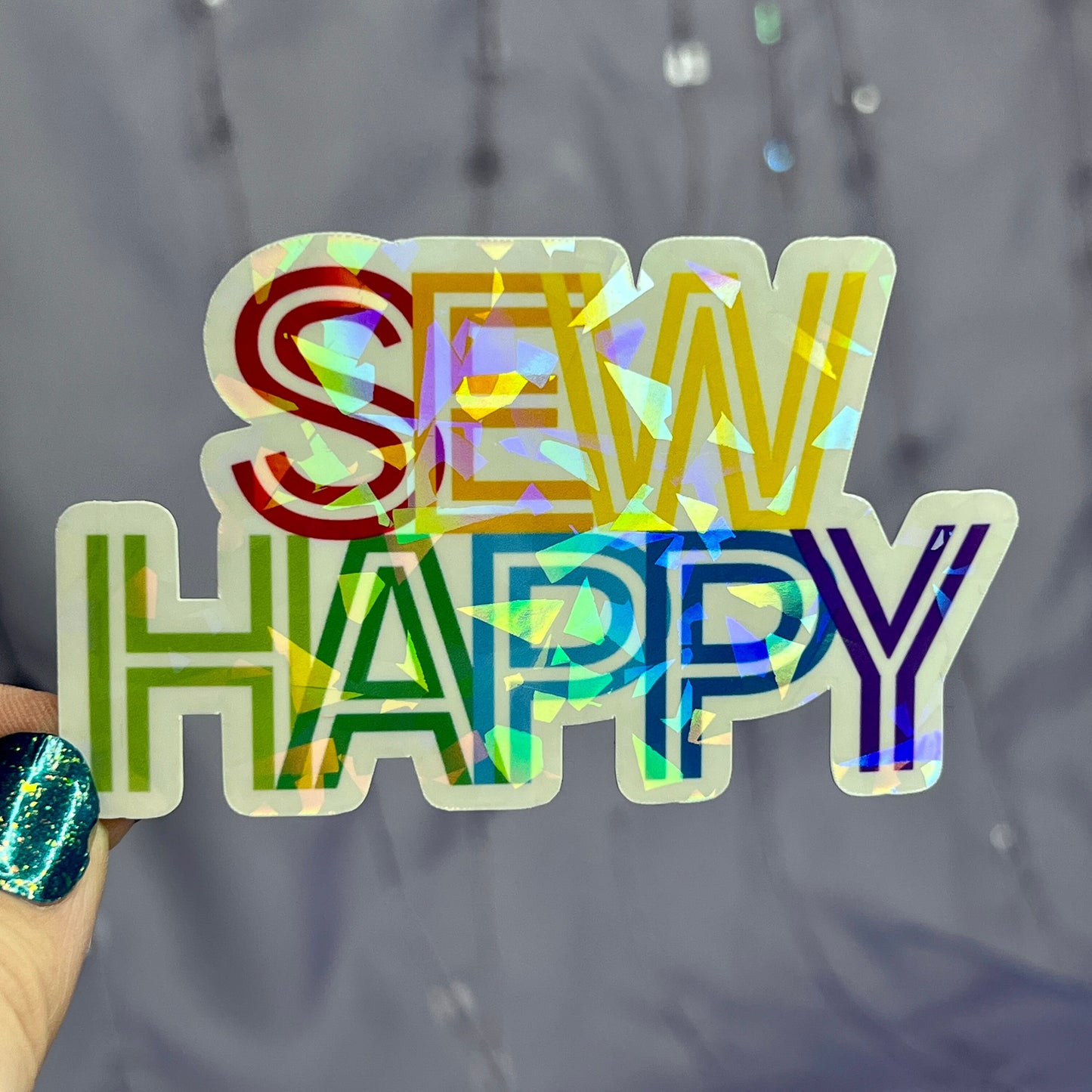Sew Happy Rainbow Sparkly Holographic Quilting Sticker sewing Waterbottle sticker Craft Sticker Fabric Decal Cross Stitch Sticker