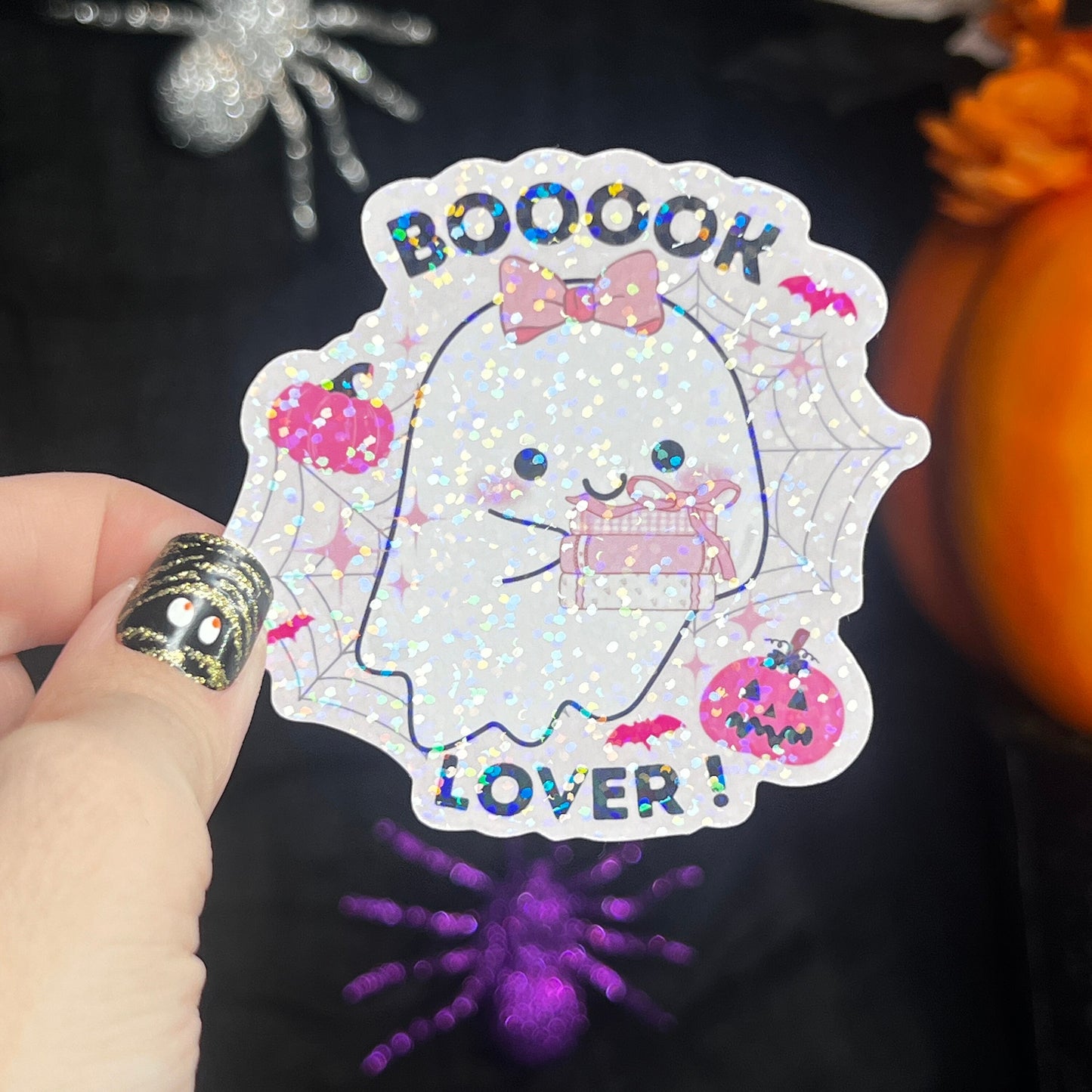Pink Booook Lover Ghost Halloween Holographic Sticker Halloween Kindle Decal Spooky Fall Reader Gift Bookish Decal