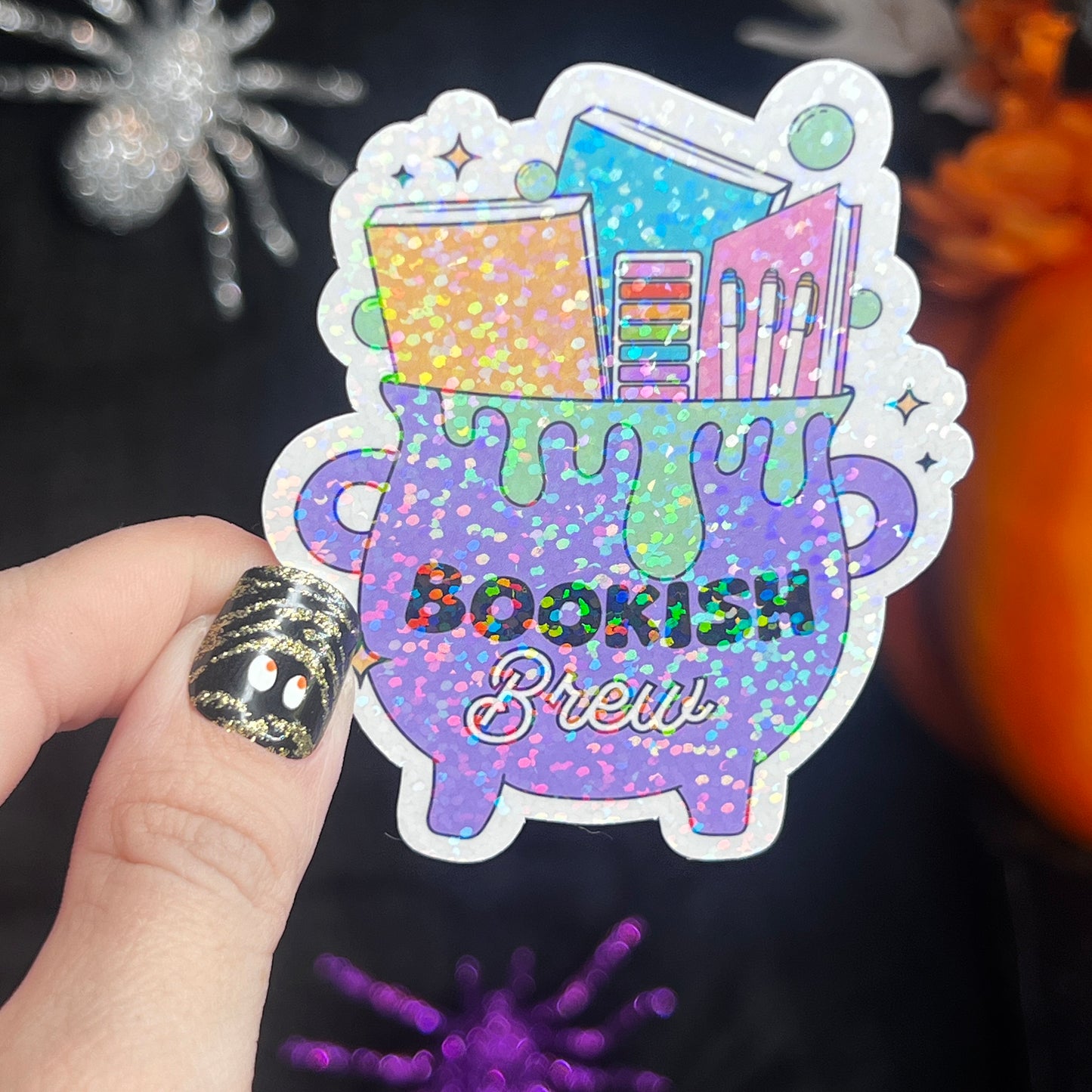 Purple Bookish Cauldron Halloween Bookshelf Holographic Sticker Halloween Kindle Decal Spooky Fall Reader Gift Bookish Decal