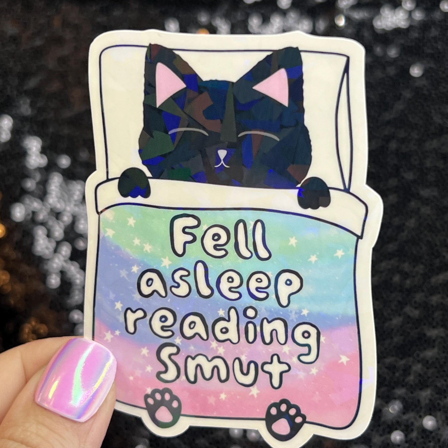 Fell Asleep Reading Smut Sparkly Sticker Holographic Book Book Lover, Spicy Dark Romance, Booktok, kindle waterbottle laptop Romance Decal