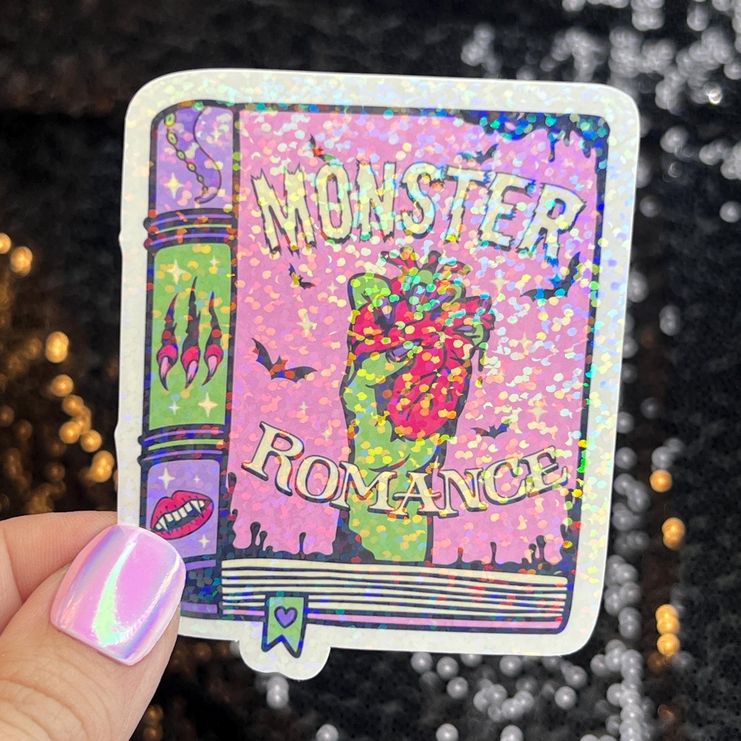 Monster Romance Sparkly Sticker Holographic Book Book Lover, Spicy Dark Romance, Booktok, kindle waterbottle laptop Romance Decal