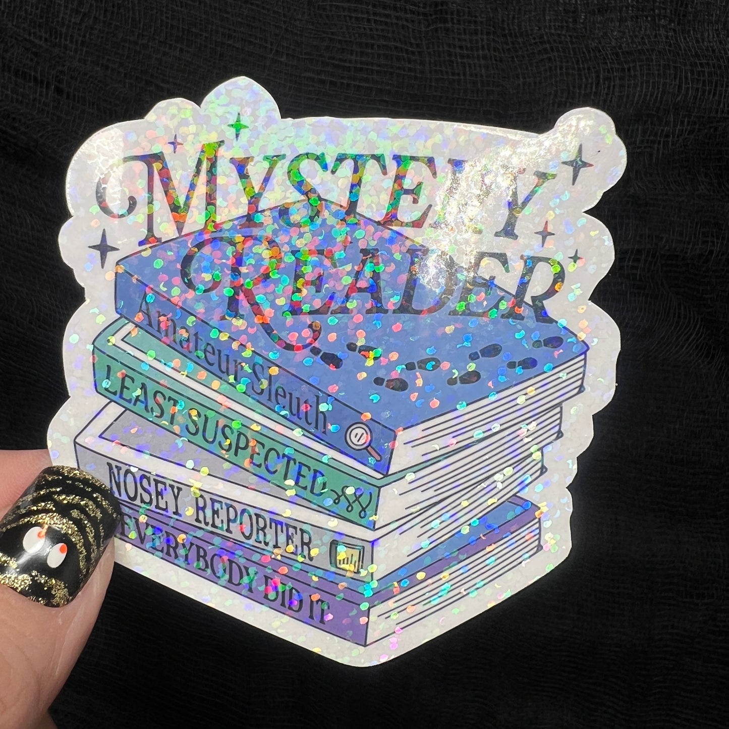 Mystery Reader Book Club Holographic Sticker Decal, Cozy Mystery Reads Bookish kindle waterbottle laptop Reader Bookish Present Gift