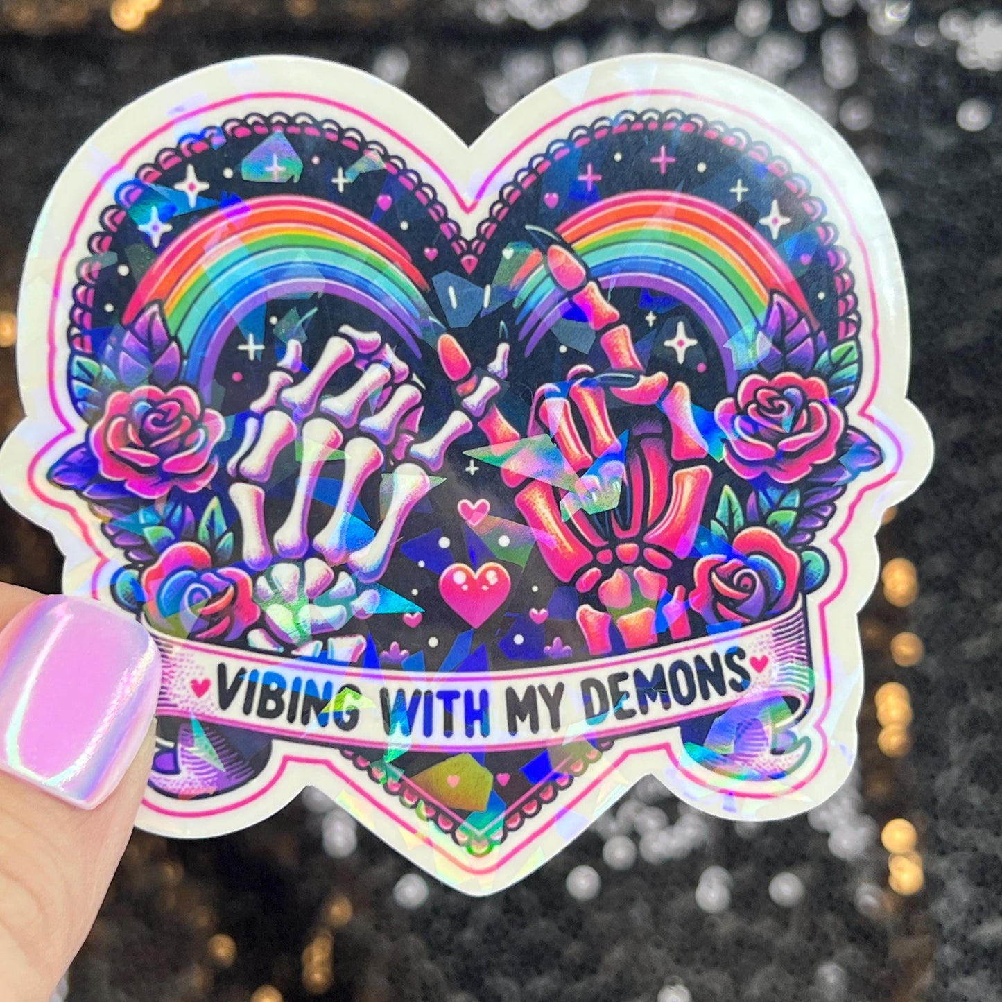 Vibing with my demons colorful Holographic Sticker Mental Health Sticker Sparkly Spread Positivity Good Vibes Decal Inspirational Rainbow