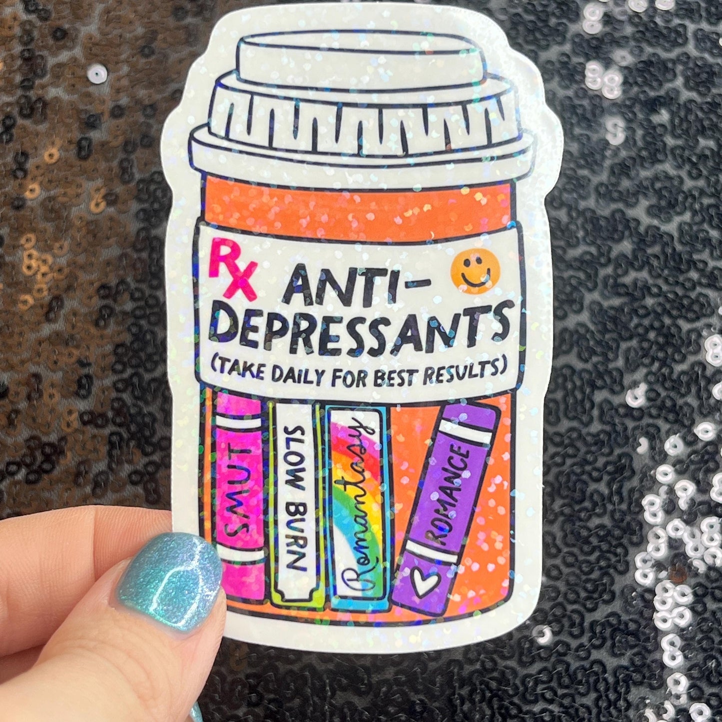 Reading Antidepressant Sparkly Sticker Holographic Book Book Lover, Spicy Dark Romance, Booktok, kindle waterbottle laptop Romance Decal