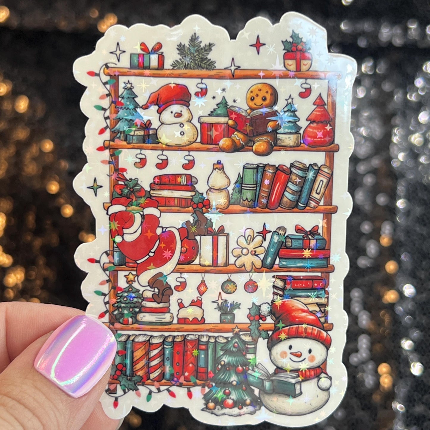 Christmas Bookshelf Santa Snowmen Holographic Sticker, Xmas Bookish Kindle Sticker Reader Decal Book Lover Christmas Gift Book Club