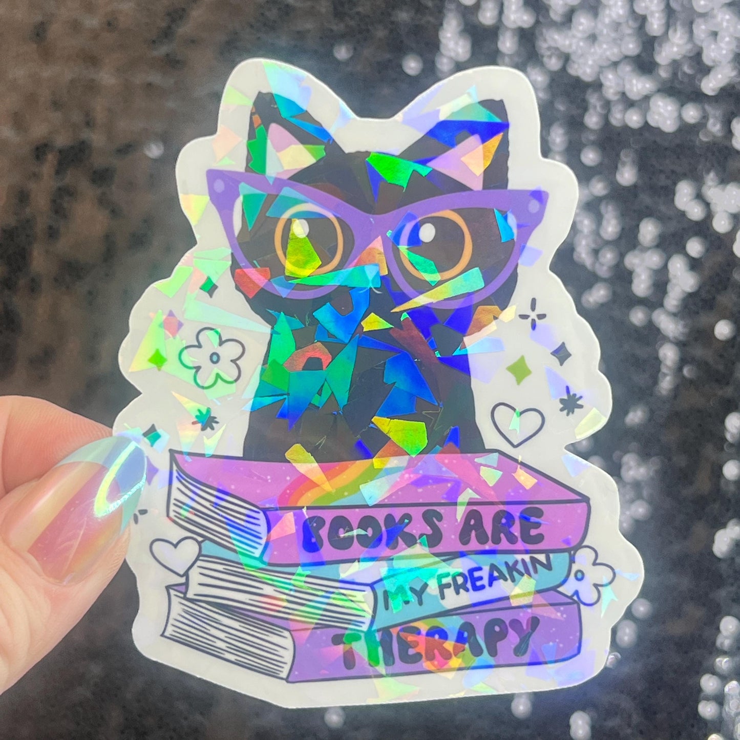Books are My Therapy Holographic Sticker Book Lover Sparkly Decal, Spicy Bookclub, kindle waterbottle laptop Reader Librarian Gift