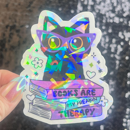 Books are My Therapy Holographic Sticker Book Lover Sparkly Decal, Spicy Bookclub, kindle waterbottle laptop Reader Librarian Gift