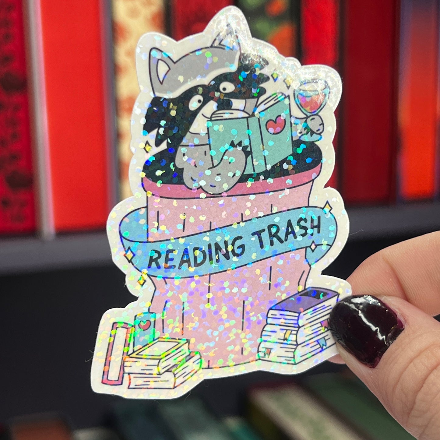 Reading Trash Raccoon Holographic Sticker, Spicy Dark Romance, Booktok, kindle waterbottle laptop stickers Smut decal Funny Reader Bookish c