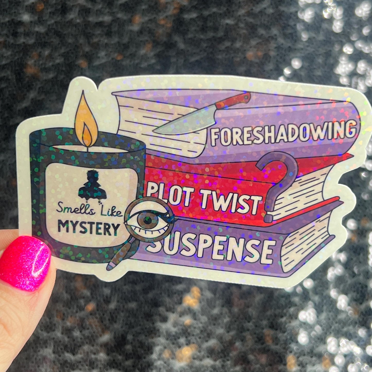 Smells Like a Mystery Holographic Sticker Decal, Cozy Mystery Reads Bookish kindle waterbottle laptop Reader Bookish Present Gift