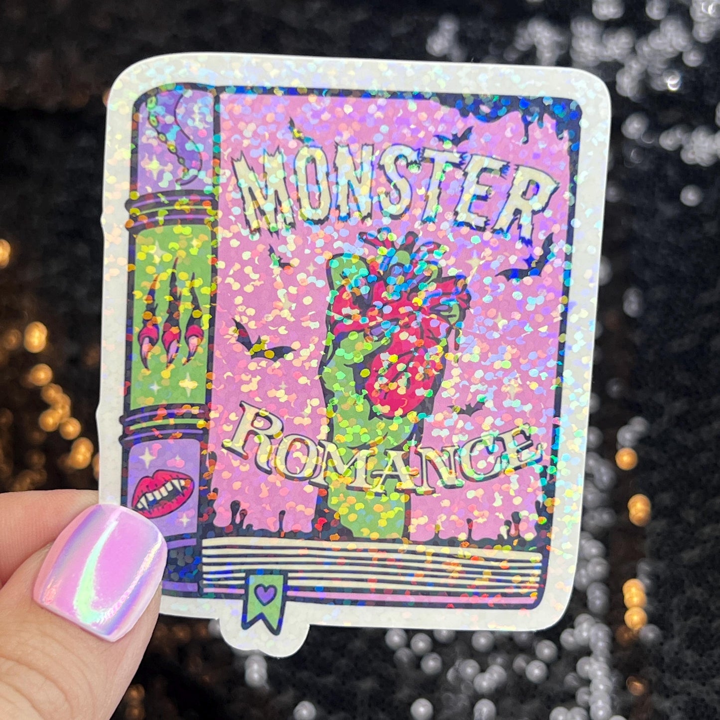Monster Romance Sparkly Sticker Holographic Book Book Lover, Spicy Dark Romance, Booktok, kindle waterbottle laptop Romance Decal