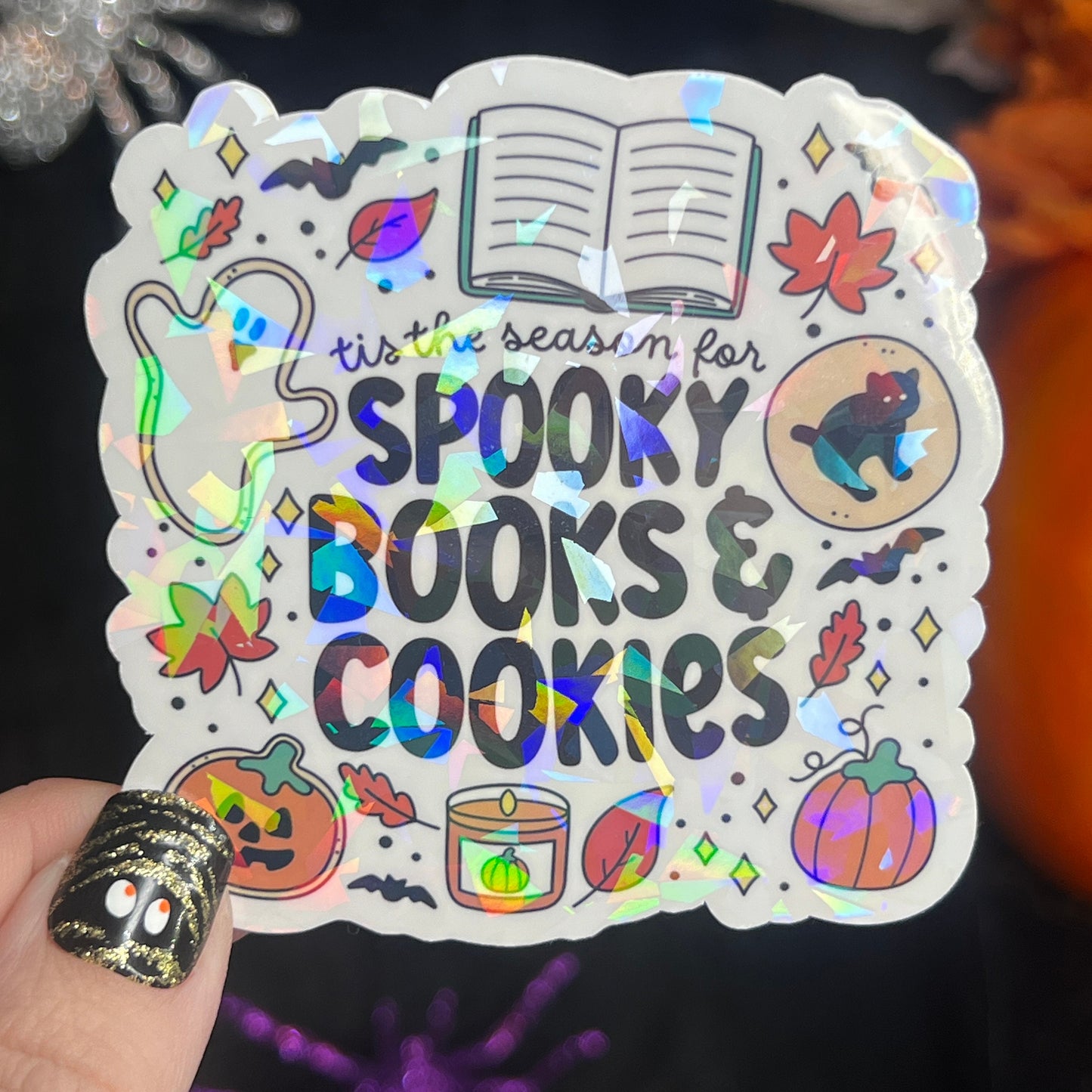 Tis the Season of Spooky Books & Cookies Halloween Holographic Sticker Halloween Kindle Decal Spooky Fall Reader Gift Bookish Decal
