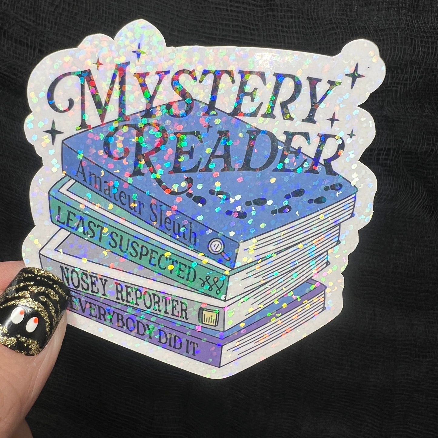Mystery Reader Book Club Holographic Sticker Decal, Cozy Mystery Reads Bookish kindle waterbottle laptop Reader Bookish Present Gift