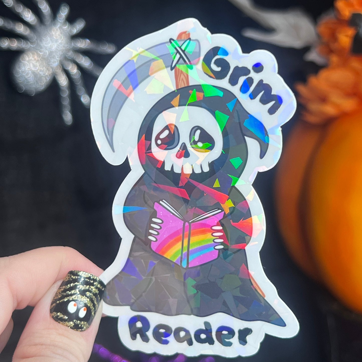 Grim Reader Reaper Halloween Holographic Sticker Halloween Kindle Decal Spooky Fall Reader Gift Bookish Decal
