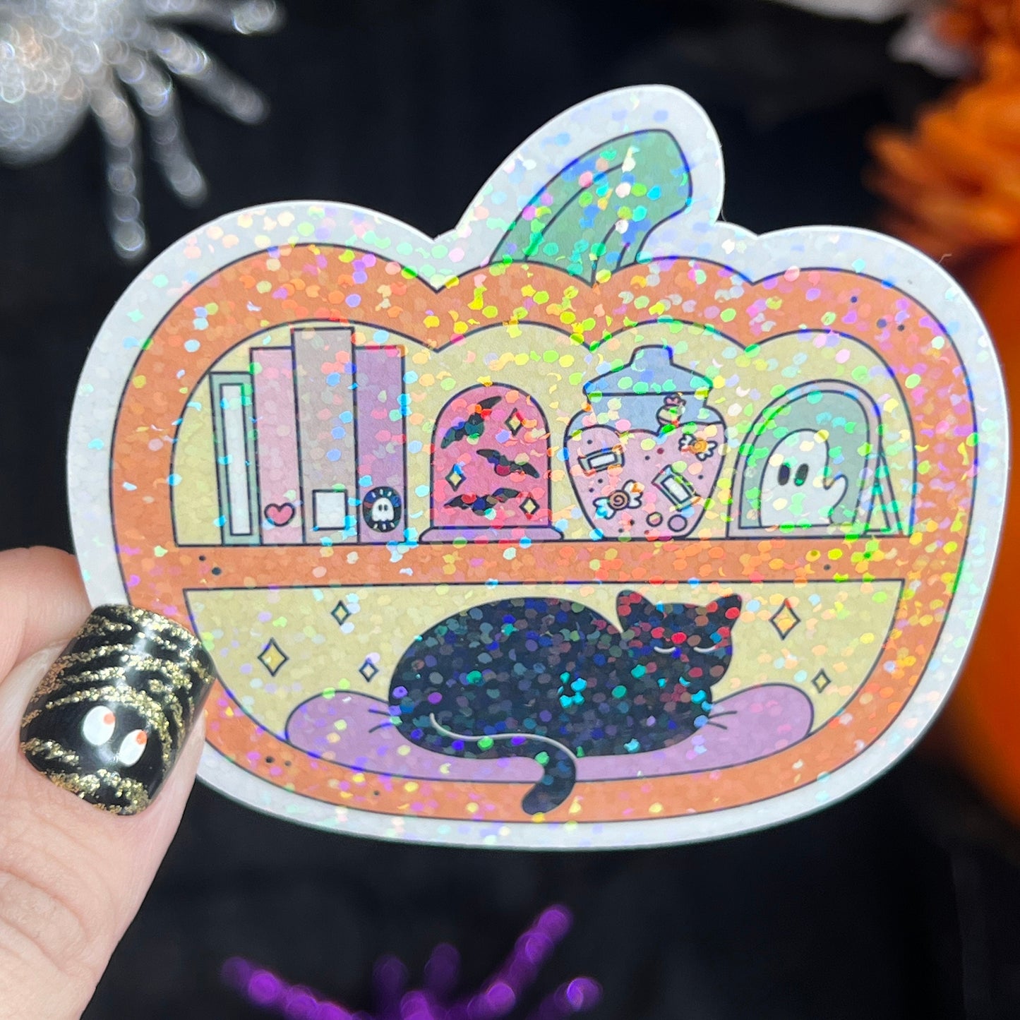 Pumpkin Jack O'Lantern Bookshelf Black Cat Holographic Sticker Halloween Kindle Decal Spooky Fall Reader Gift Bookish Decal