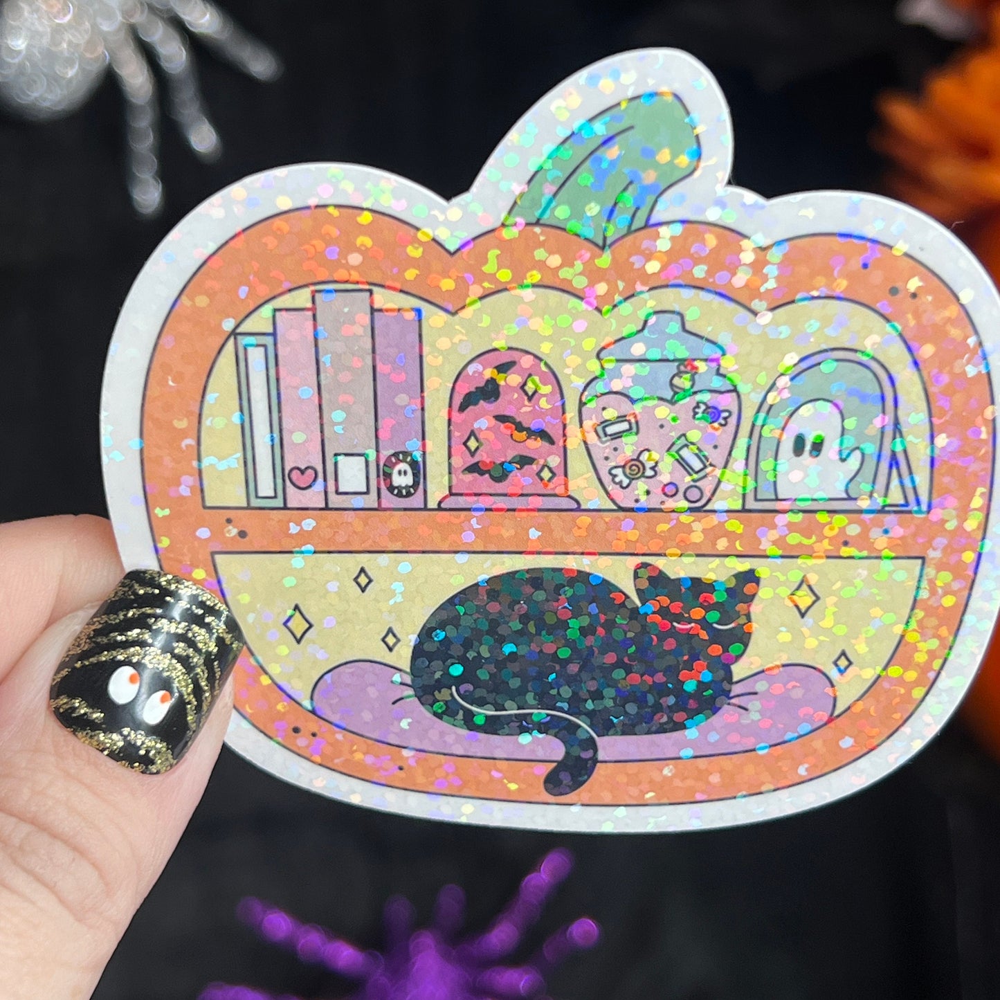 Pumpkin Jack O'Lantern Bookshelf Black Cat Holographic Sticker Halloween Kindle Decal Spooky Fall Reader Gift Bookish Decal