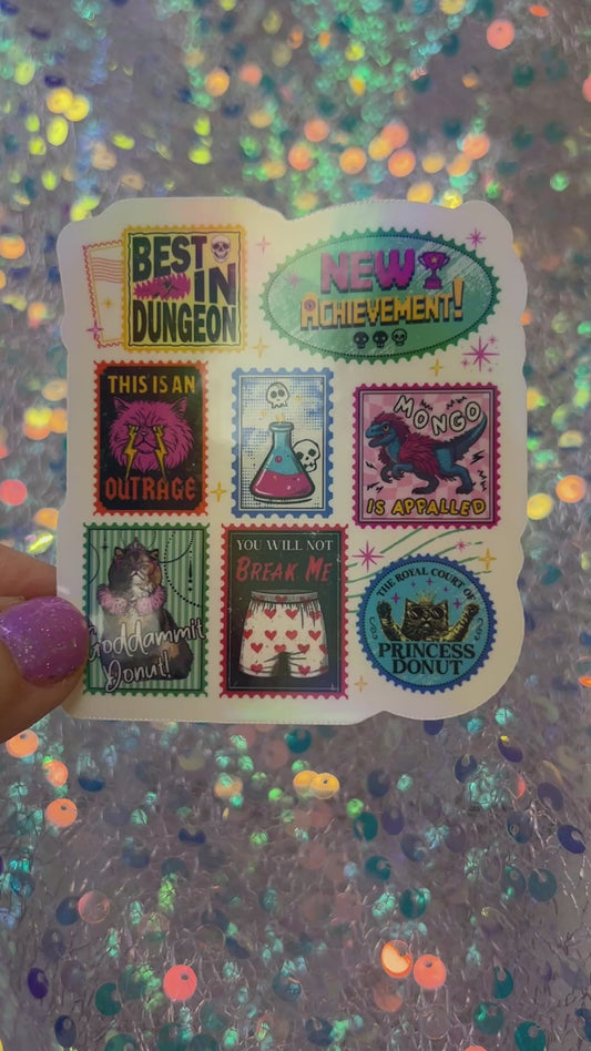 Dungeon Crawler Carl Stamp Collage Rainbow Reflective Sticker