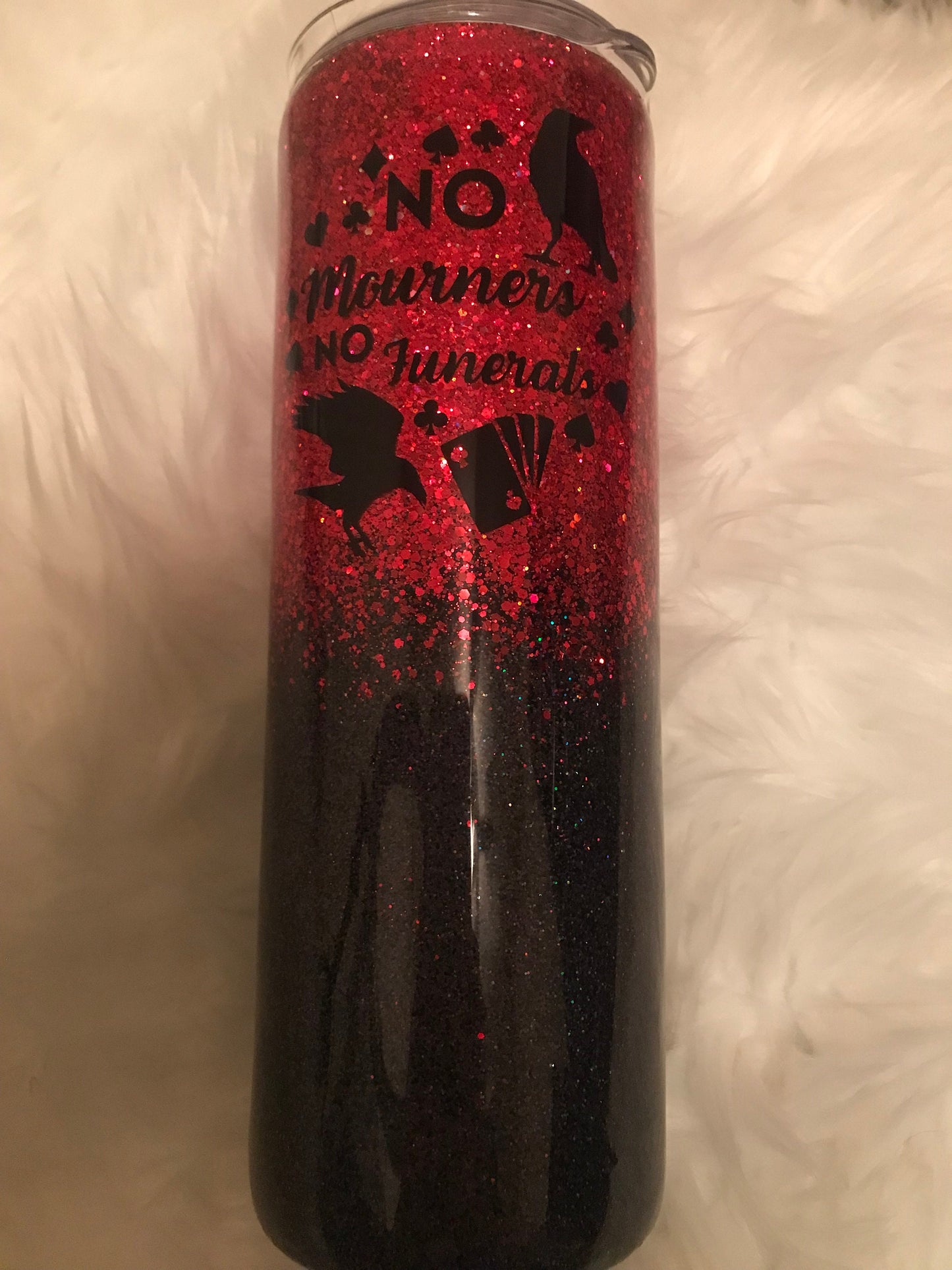 No Mourners No Funerals 20 oz Skinny Tumbler inspired by Six of Crows and Grishaverse,  Six of Crows cup, Red & Black Glitter Travel Glass