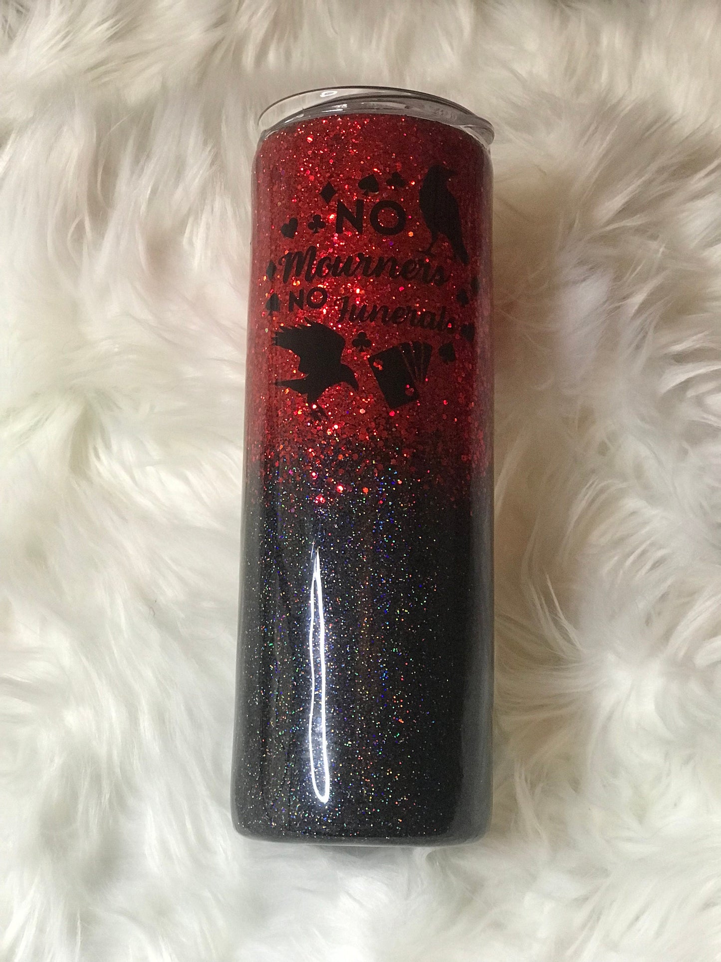 No Mourners No Funerals 20 oz Skinny Tumbler inspired by Six of Crows and Grishaverse,  Six of Crows cup, Red & Black Glitter Travel Glass
