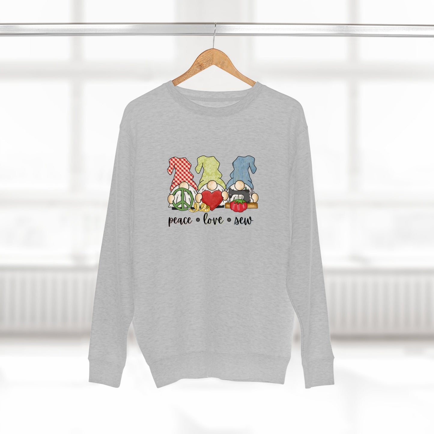 Peace Love Sew Sweatshirt - Whimsical Gnome Design for Creative Women, Quilting Pullover, Sewing Sweater Gift for Sewer Sewing Lover