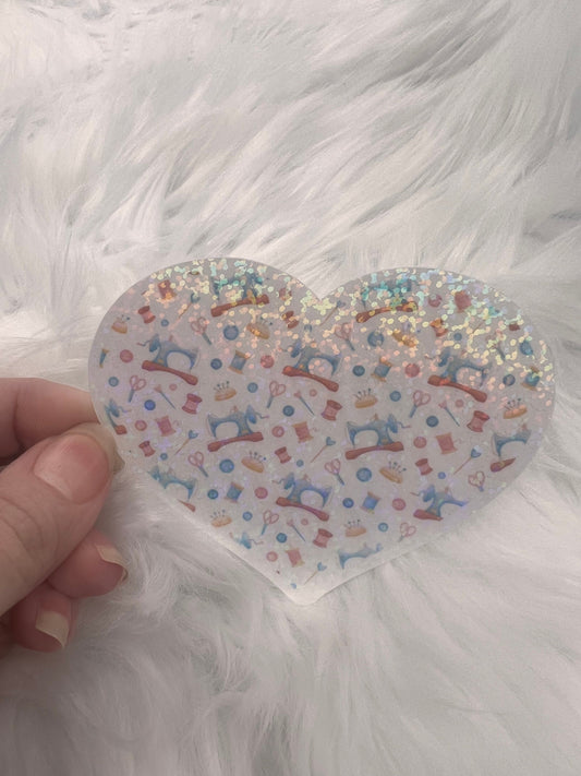 Sewing Heart Holographic Sticker, Love Quilting Sticker, Sewing Waterbottle Sticker, Quilting Machine Sticker, Sew Decal
